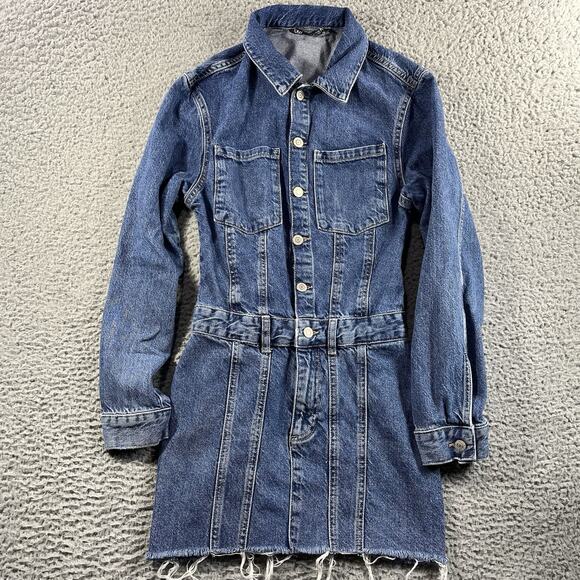 ZARA DENIM SHIRT DRESS MINI WOMENS XS BLUE BUTTON LONG SLEEVE BIKER TRUCKER JEAN - Picture 1 of 10
